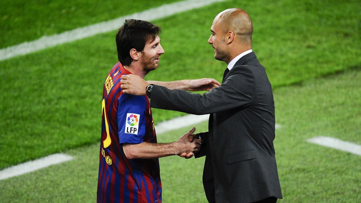 Lionel Messi and Pep Guardiola sharing a handshake: Image Credit - Eurosport