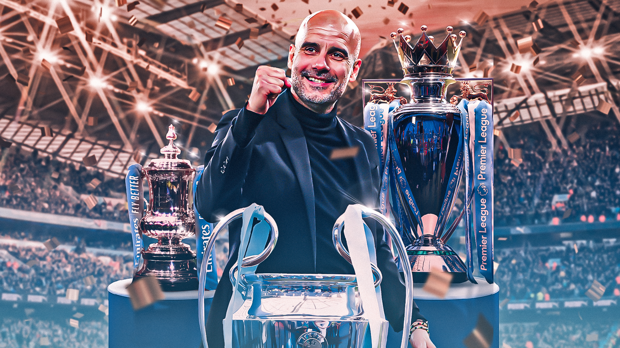 Pep Guardiola with trophies he won with manchester city team